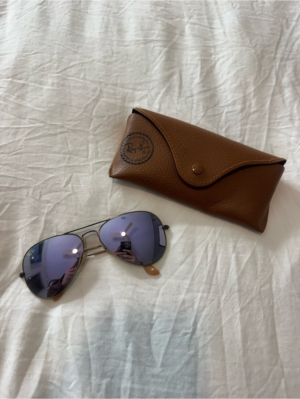 Ray-Ban Purple Tinted Aviator Shades with Brown Leather Sunglasses Pouch